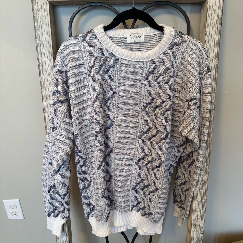Protégé Vintage USA Textured Knit Sweater L Gray Cream Coogi Style Grandpa‎